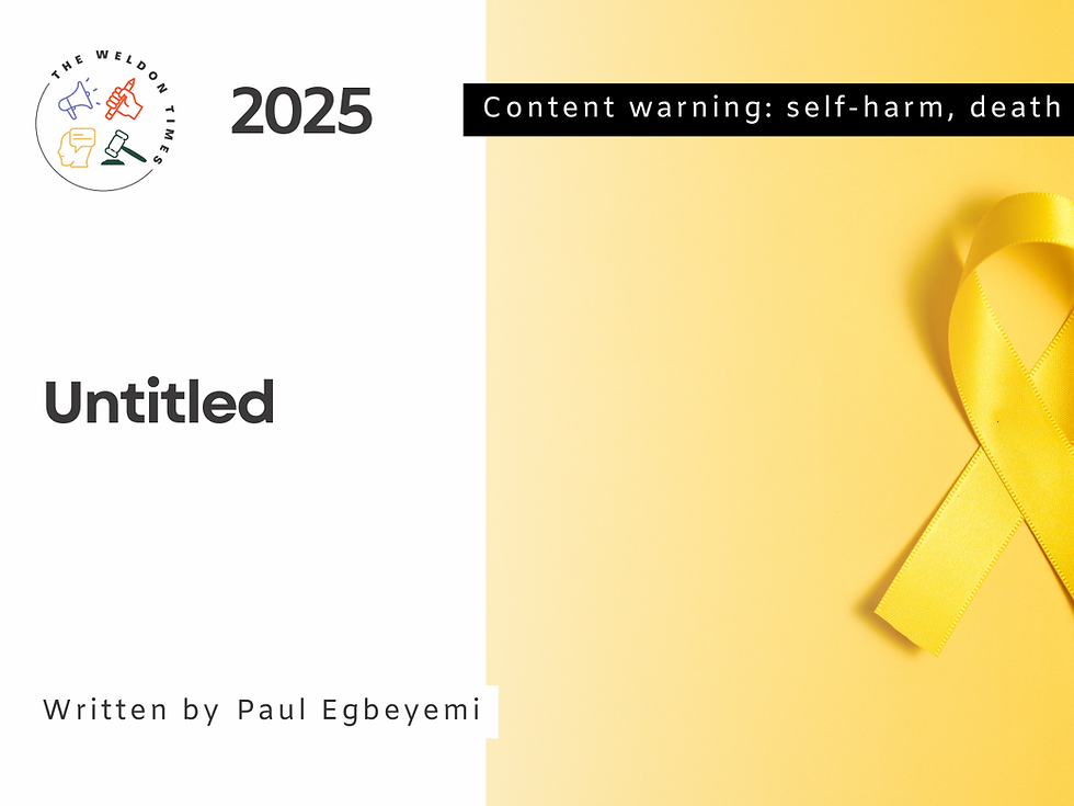 A yellow ribbon for suicide awareness. Text reads, "Untitled. Written by Paul Egbeyemi."
