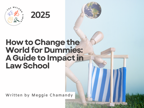 A test dummy falls over a beach chair while trying to hold up the world with one hand. Text reads, "How to Change the World for Dummies: A Guide to Impact in Law School. Written by Meggie Chamandy"