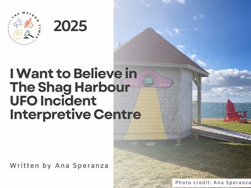 A small coastal gazebo with a mural of a green alien in a pink spaceship using a beam of light. Text reads, "I Want to Believe in The Shag Habour UFO Incident Interpretive Centre. Written by Ana Speranza."
