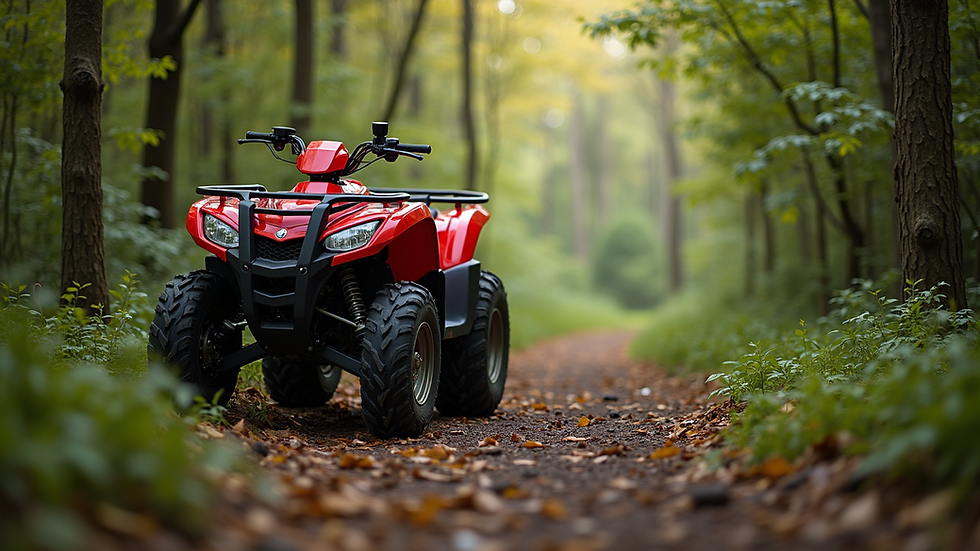 Eye-level view of a red ATV parked on a forest trail
