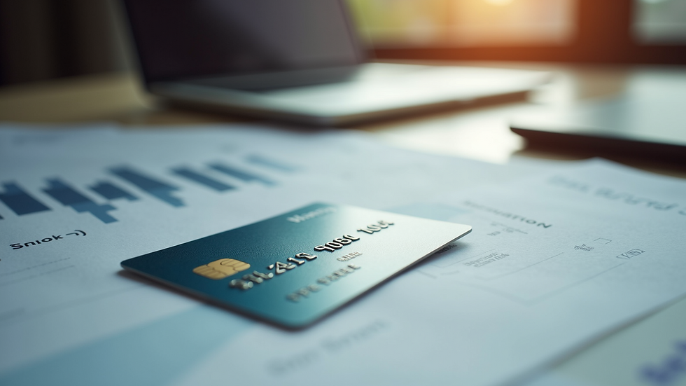 Close-up view of a credit card and loan documents on a desk