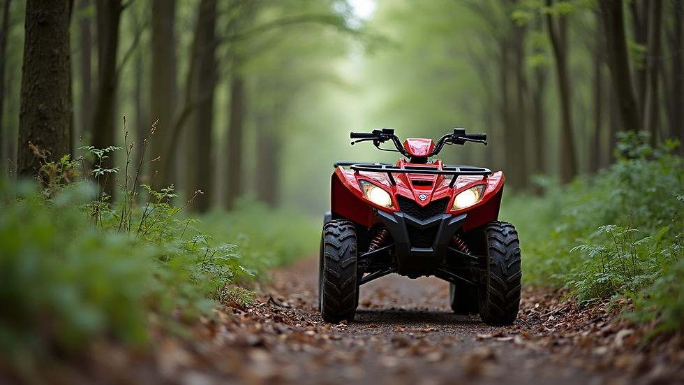 Eye-level view of a red ATV parked on a forest trail