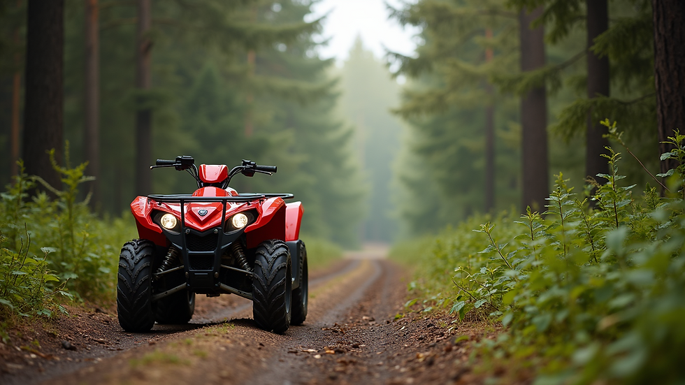 Eye-level view of a red ATV parked on a forest trail