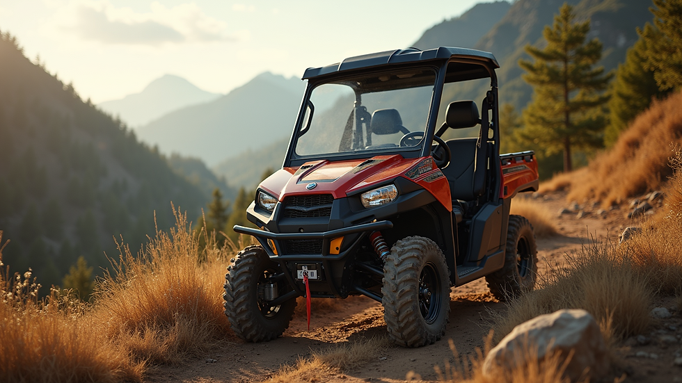 Close-up view of a used side-by-side vehicle parked on a trail