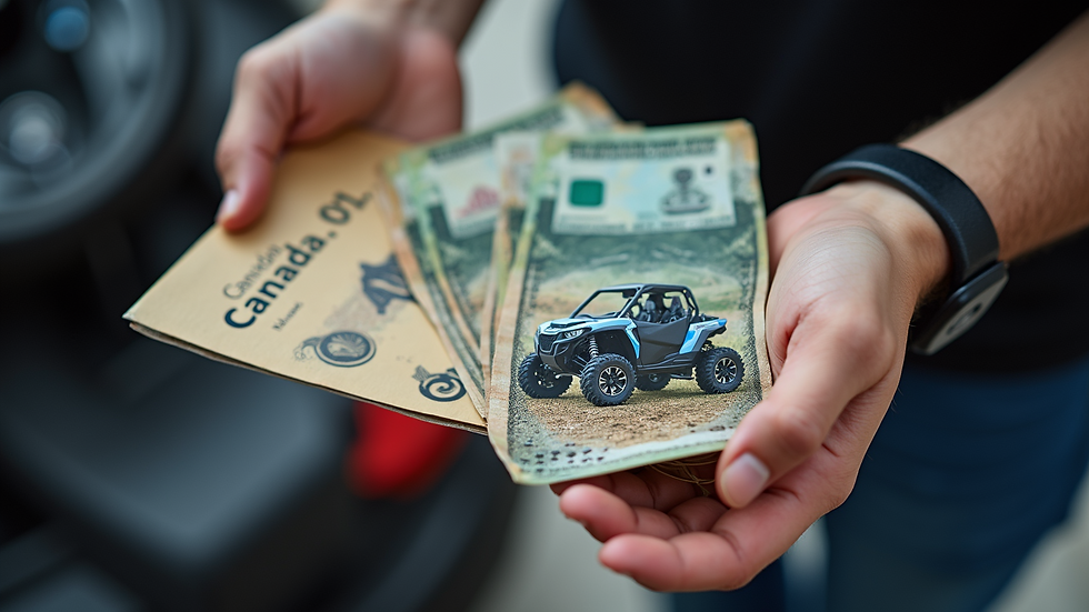 Close-up view of hands holding Canadian currency and a powersports vehicle brochure
