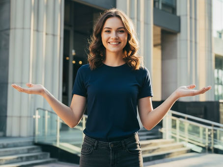 smiling woman in front of a bank with a questioning stance