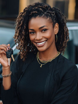 pretty lady holding up car keys in front of new car
