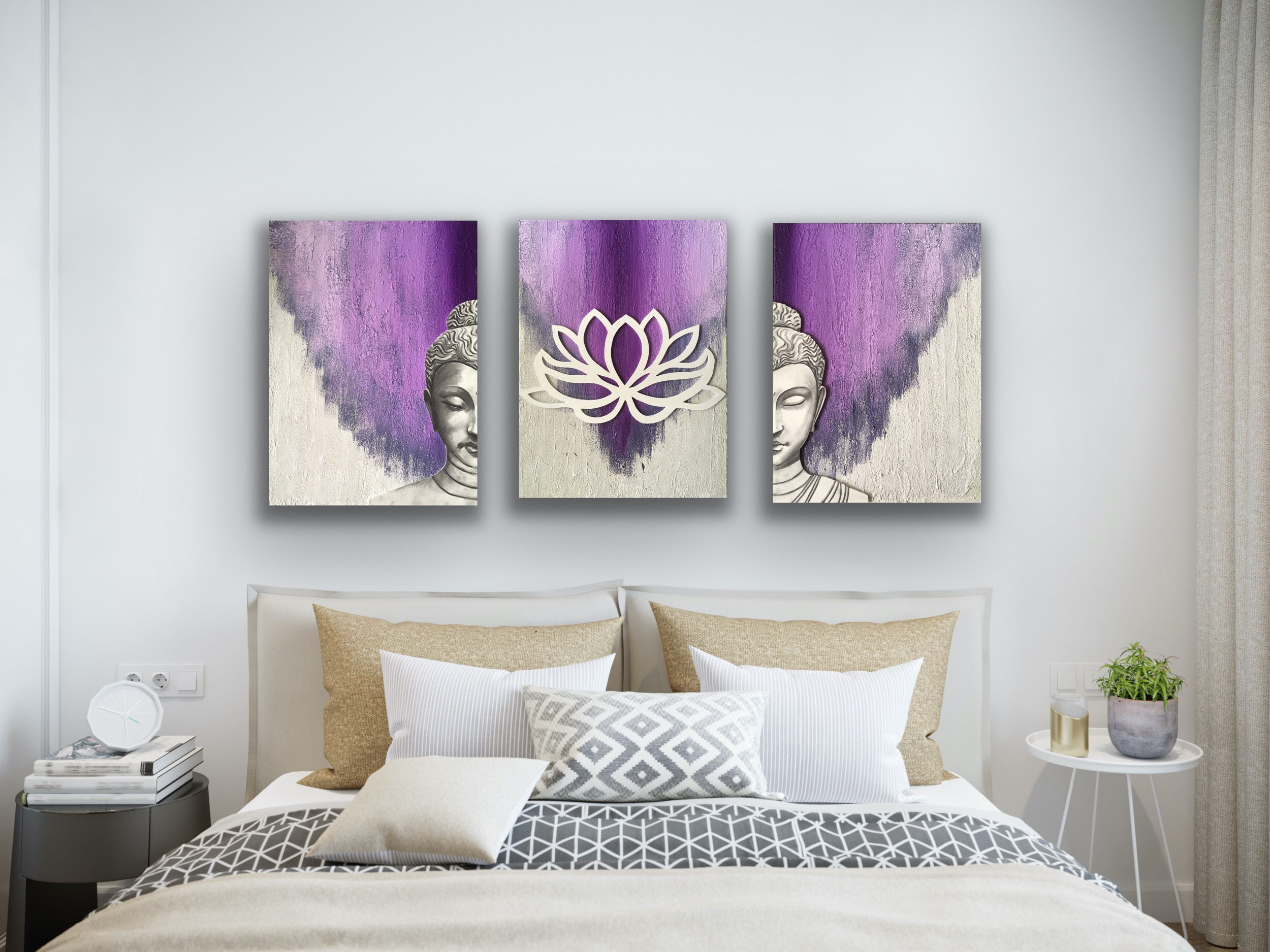 Meditating Buddha and Lotus Flower Triptych | energetically charged artwork
