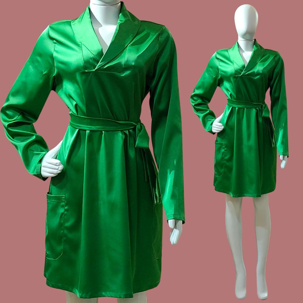 Vestido seda com cinto e gola italiana verde bottega