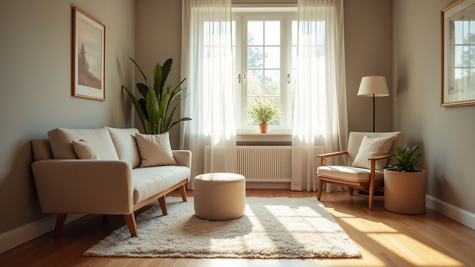 Eye-level view of a serene therapy room with comfortable seating