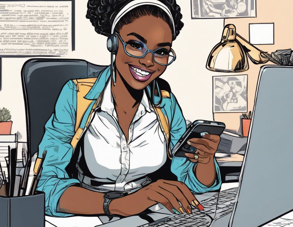 A beautifully manicured black girl holding her cellphone at her work desk with a laptop op