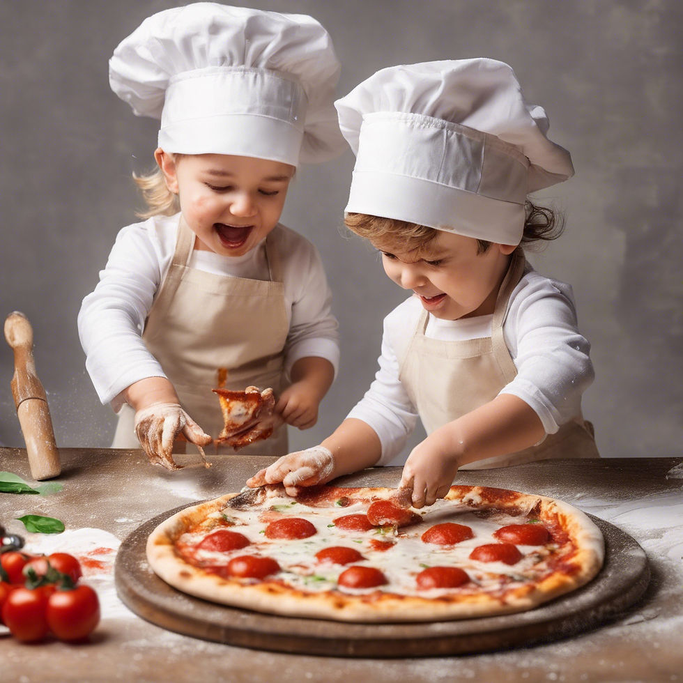 toddlers having fun making pizza with white apron and hat