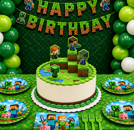 Minecraft themed birthday party with matching cake and balloon arch in Rochester NY