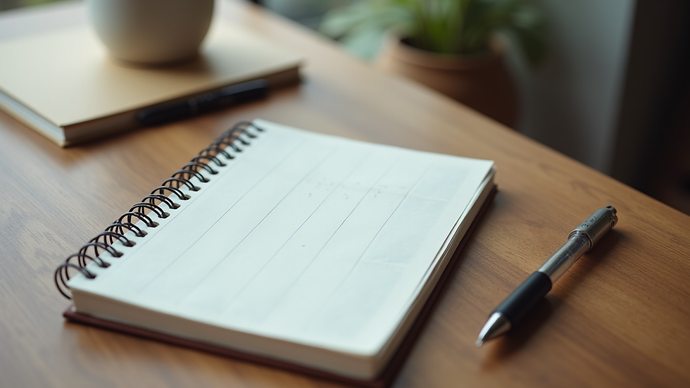 High angle view of a journal and pen on a wooden table, tools for stress management