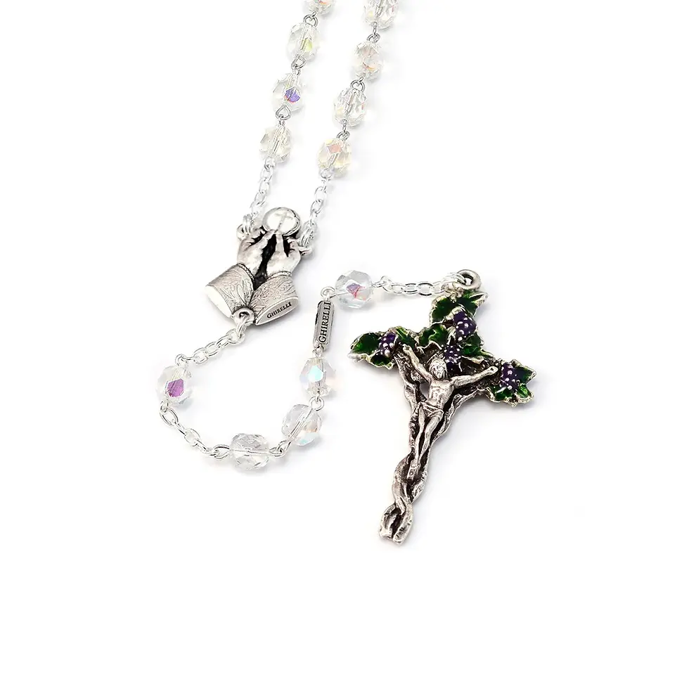 HOLY COMMUNION VINE & BRANCHES AURORA BOREALIS & SILVER ROSARY - 11268