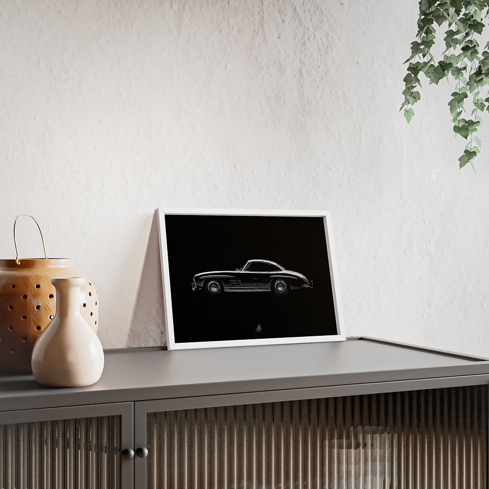 Miniature : Dessin Encadré Mercedes 300 SL, décoration 60s, blanc