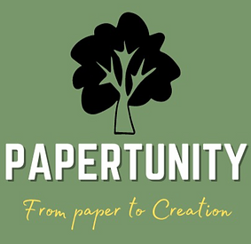 Papertunity logo, green background silhouette of a tree in black, with 'from paper to creation' written in yellow at the bott