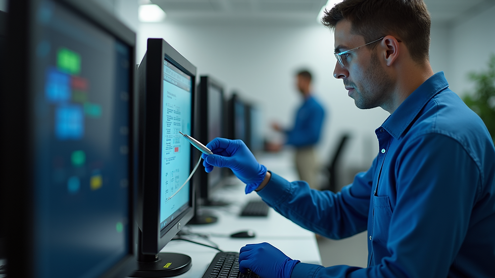 Eye-level view of a technician performing PAT testing on office equipment