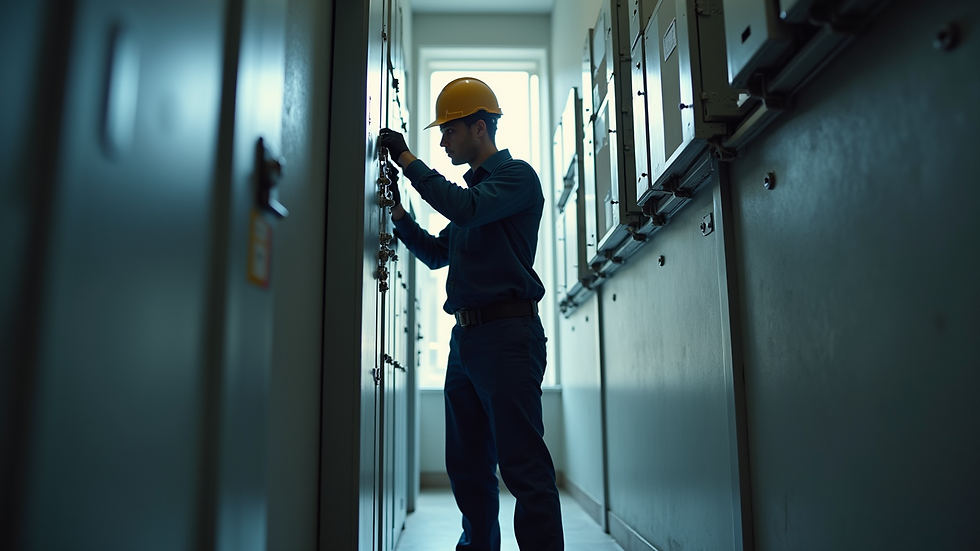 Eye-level view of electrician inspecting fuse box in a commercial building