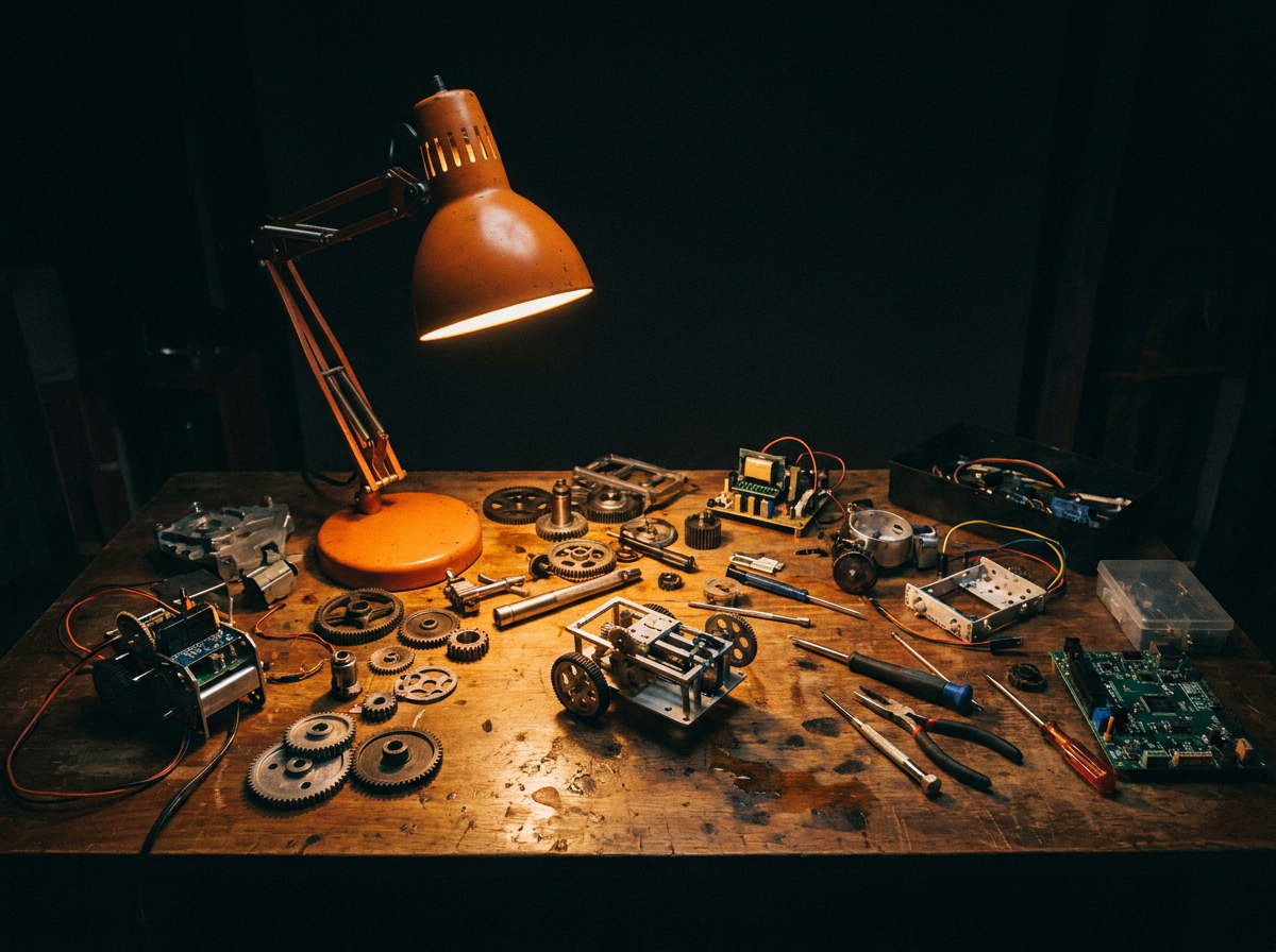 AI-generated render of a maker's workbench at night