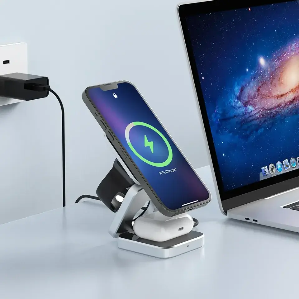 Thumbnail: Travel 3 in 1 Magnetic Wireless Charger Foldable Stand Dock for IPhone 15, 14, A