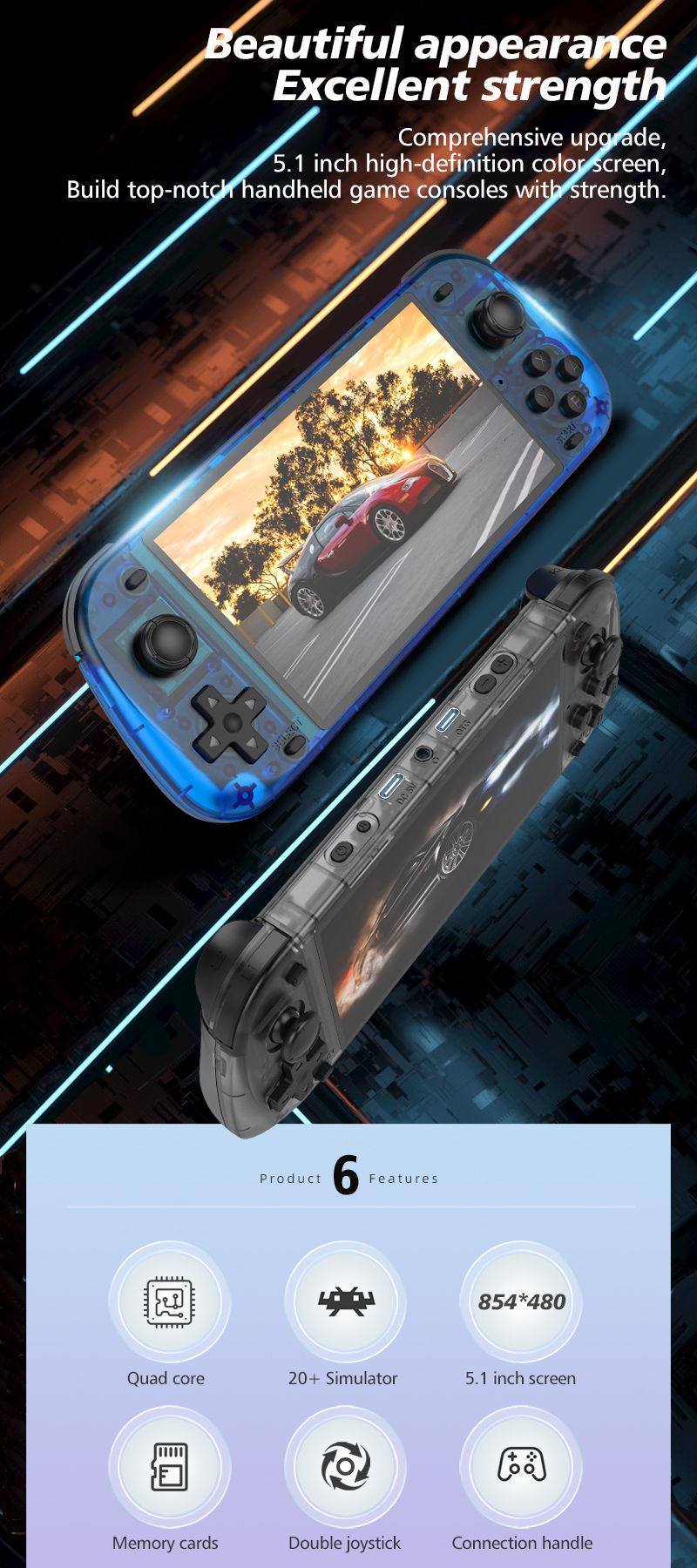 Thumbnail: New R50S Retro Handheld Game Console 5.1 Inch Large Screen Linux System 854*480 