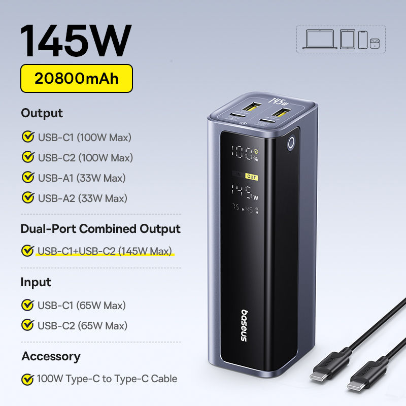 Thumbnail: Baseus 145W Power Bank 20800mAh Dual USB A USB C PD 100W Fast Charging Digital D