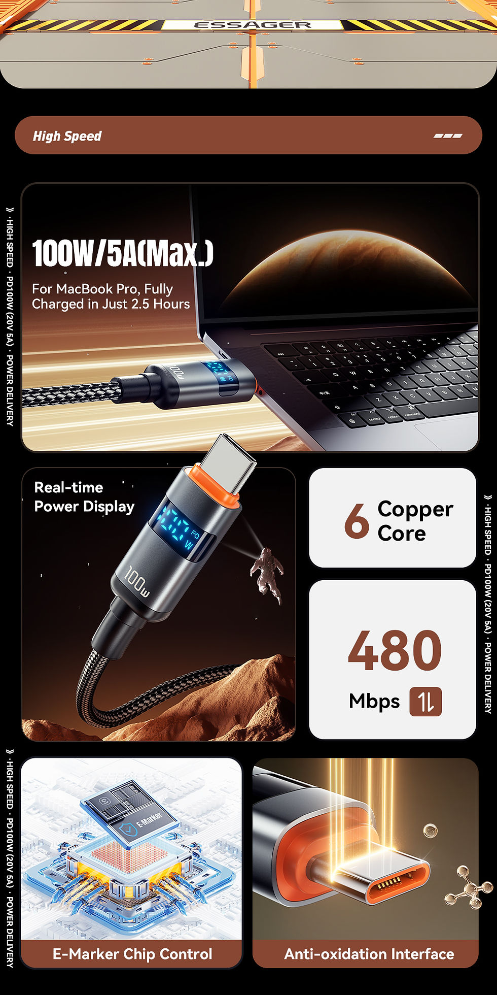 Thumbnail: Essager Digital Dispaly USB Type C To USB C Cable For Huawei mate60 100W Fast Ch
