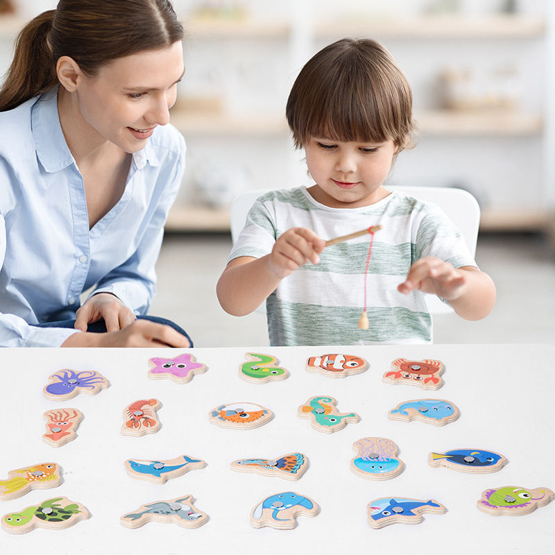 Thumbnail: Wooden Magnetic Fishing Toys for Children Marine Life Cognition Fish Games Baby 