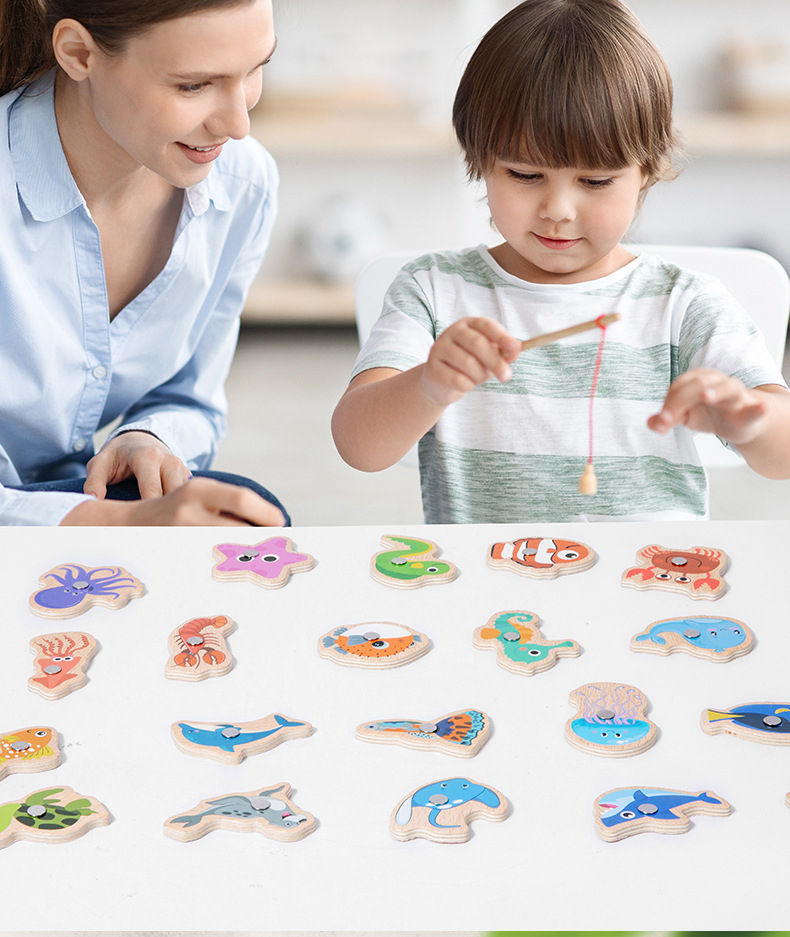 Thumbnail: Wooden Magnetic Fishing Toys for Children Marine Life Cognition Fish Games Baby 