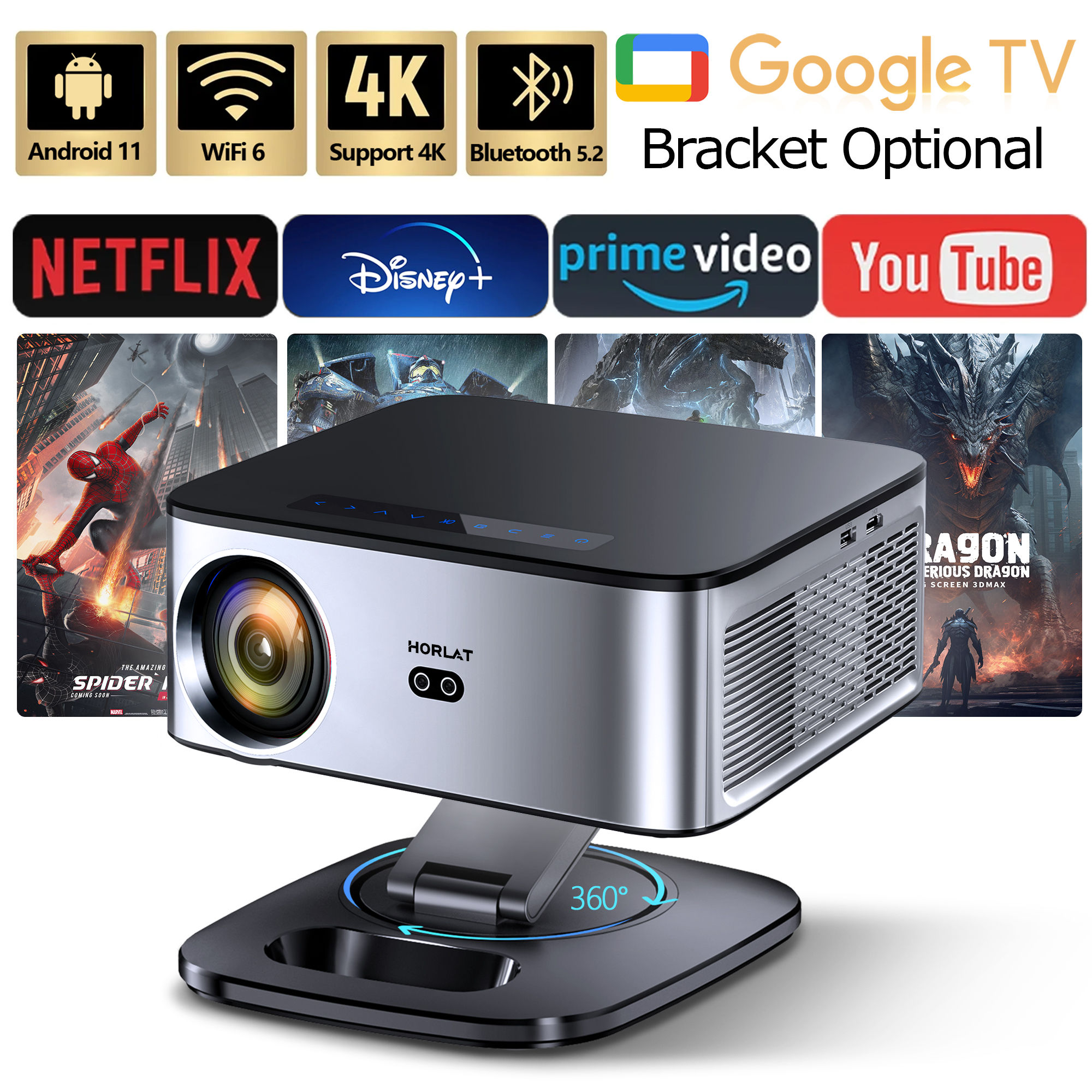 HORLAT T09MAX Google TV 4K Projector 40000Lumens WiFi6 BT5.2 Remote Auto Focus N