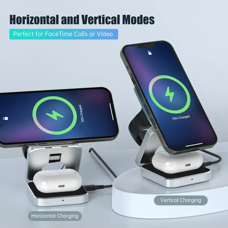 Thumbnail: Travel 3 in 1 Magnetic Wireless Charger Foldable Stand Dock for IPhone 15, 14, A