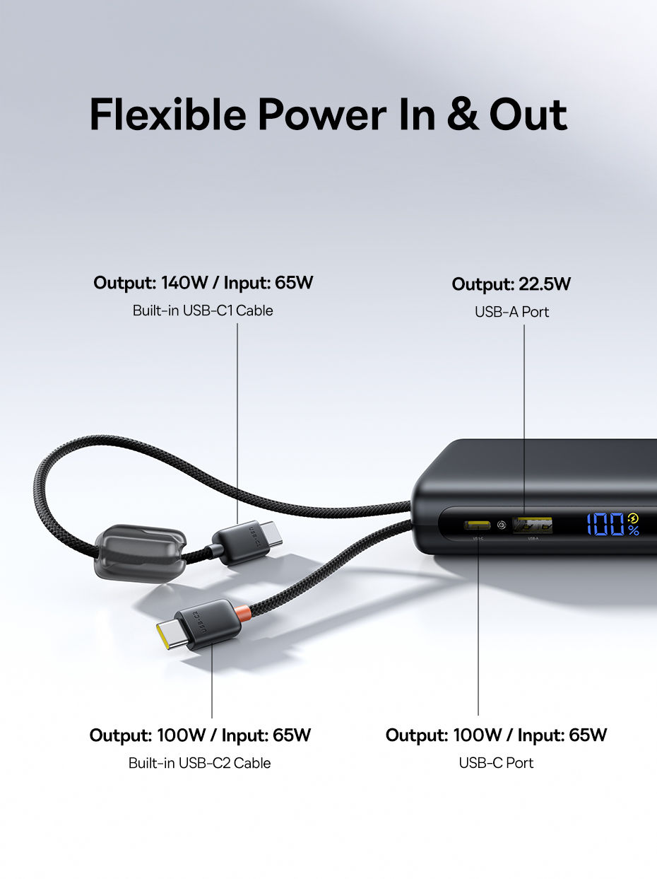 Thumbnail: Baseus 145W Power Bank 25000mAh Fast Charging Built-In Type-C Cable Portable Bat