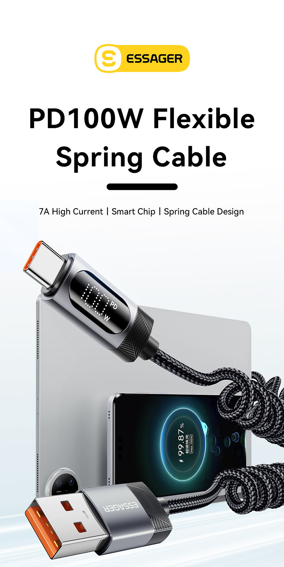 Thumbnail: Essager Digital Dispaly USB C Cable For iPhone 17 16 15 Xiaomi Huawei 100W PD Fa