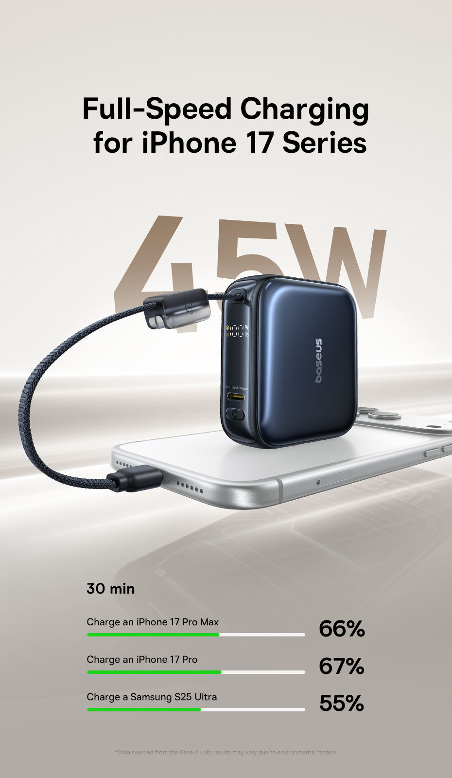 Thumbnail: Baseus 45W Mini Power Bank 10000mAh Built-In USB-C Cable Pocket-Sized Smaller Fa