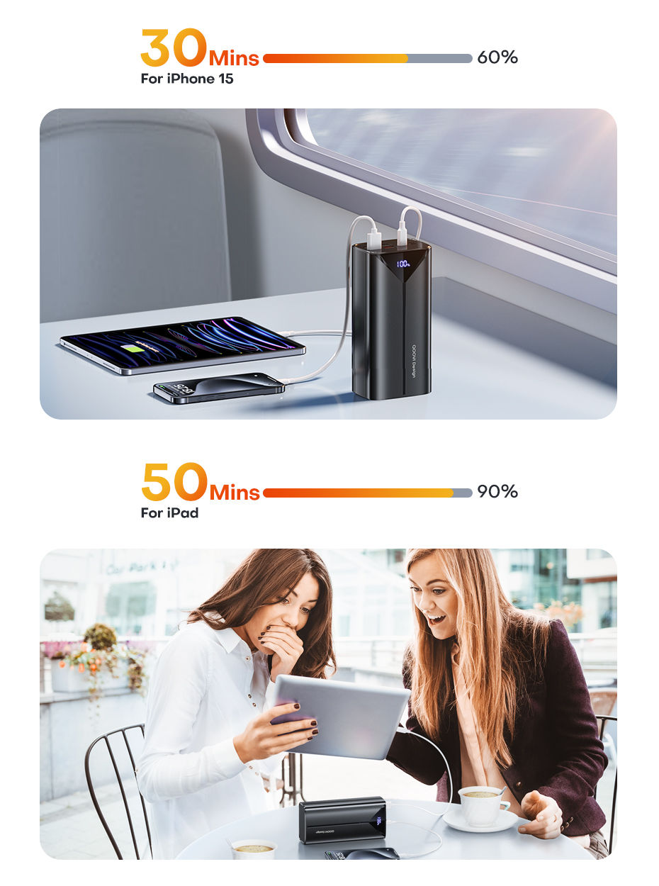 Thumbnail: QOOVI 30000mah Power Bank 22.5W Fast Charging Built-in Cable External Large Batt