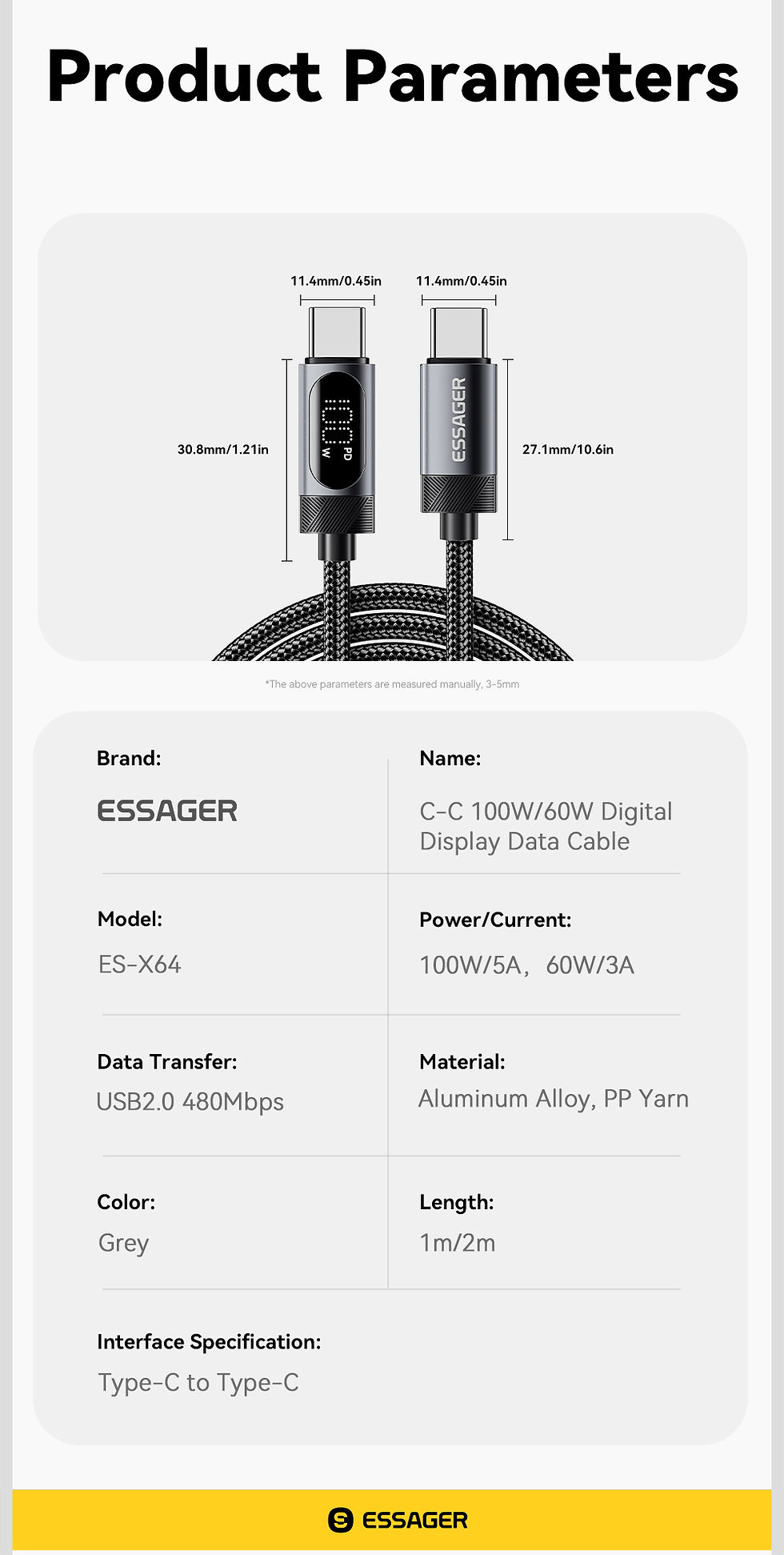 Thumbnail: Essager Digital Dispaly USB C Cable For iPhone 17 16 15 Xiaomi Huawei 100W PD Fa
