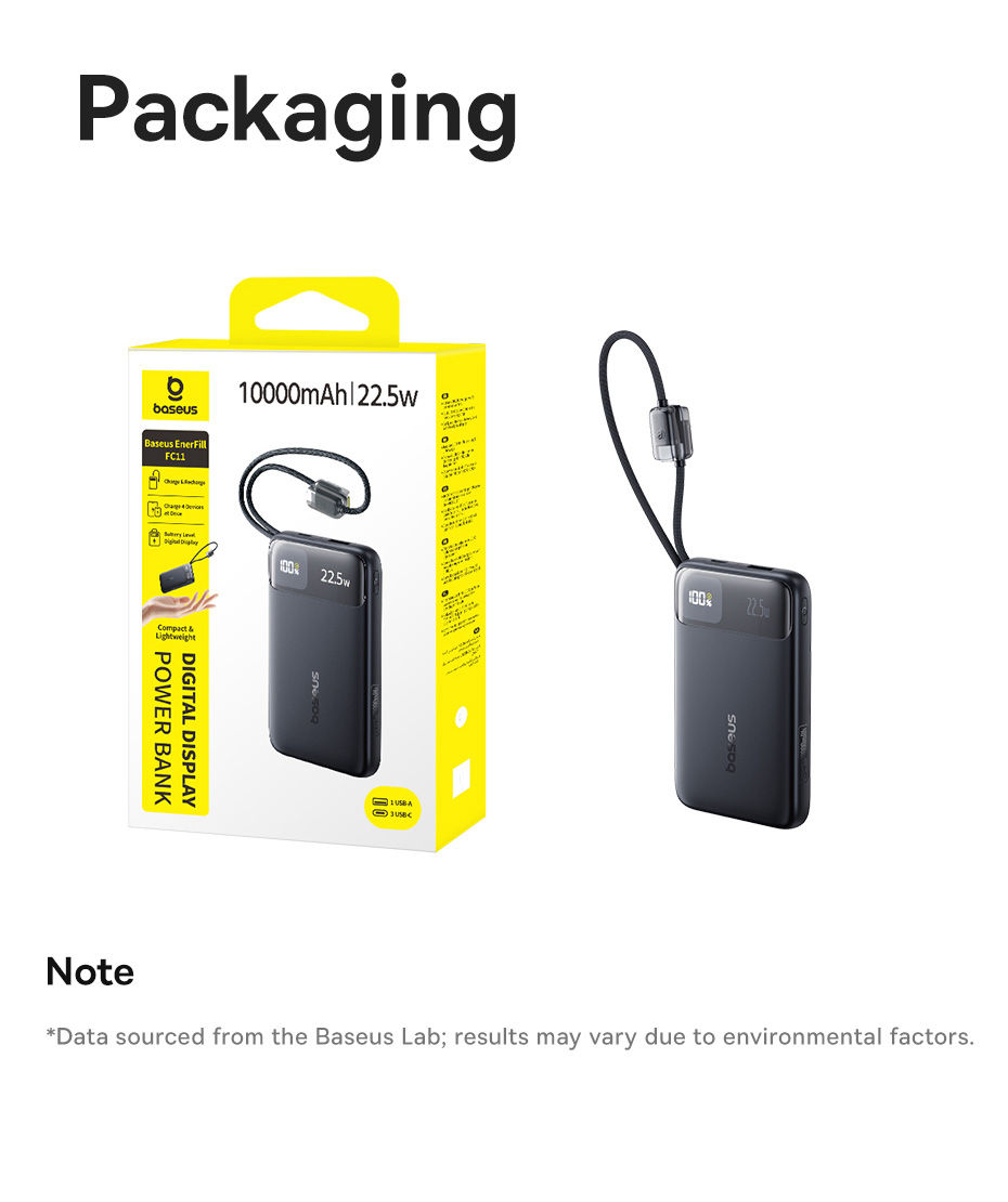Thumbnail: Baseus 10000mAh Power Bank 22.5W Built-In Dual USB-C Cable Thinner Fast Charging