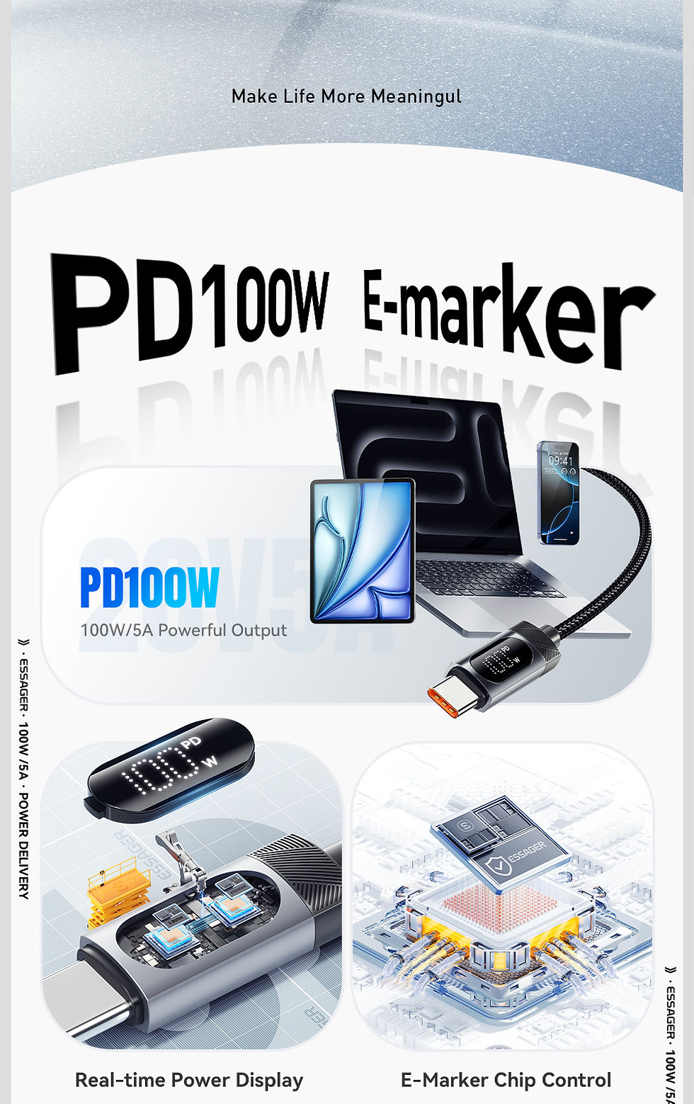 Thumbnail: Essager Digital Dispaly USB C Cable For iPhone 17 16 15 Xiaomi Huawei 100W PD Fa
