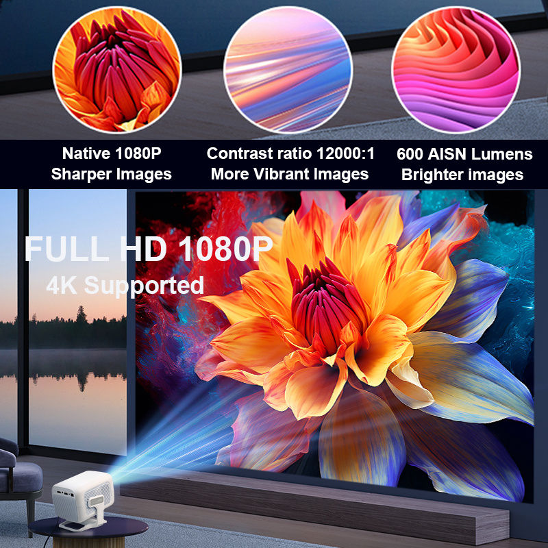 Thumbnail: HUAWEISHI 4K Projector Android Native Portable 1080P Auto Focus 600ANSI Video ho