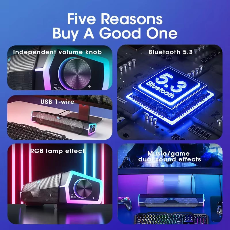 Thumbnail: Bluetooth 5.0 and Wired Computer Soundbar Speakers with 4D Surround Sound Stereo