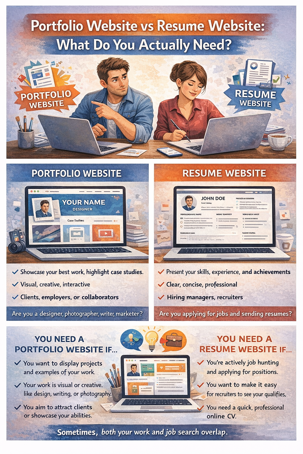 Two people on laptops discussing "Portfolio vs Resume Website." Text and visuals highlight the benefits of each type. Creative, informative vibe.