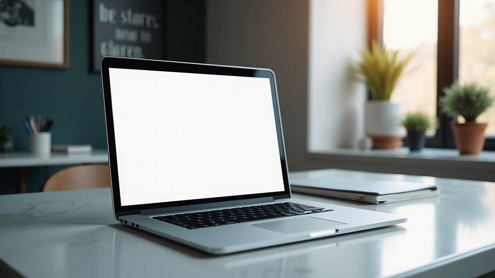 Eye-level view of a modern office desk with a laptop displaying a clean website layout