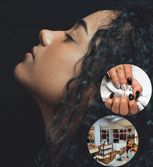 Woman head with hair plus bubbles with nail art and Videx shop interior