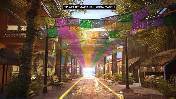 Sunset lighting design applied to a personal 3D scene of Sayulita, featuring warm, golden tones, elongated shadows, and a serene coastal atmosphere highlighting the town’s tropical charm.