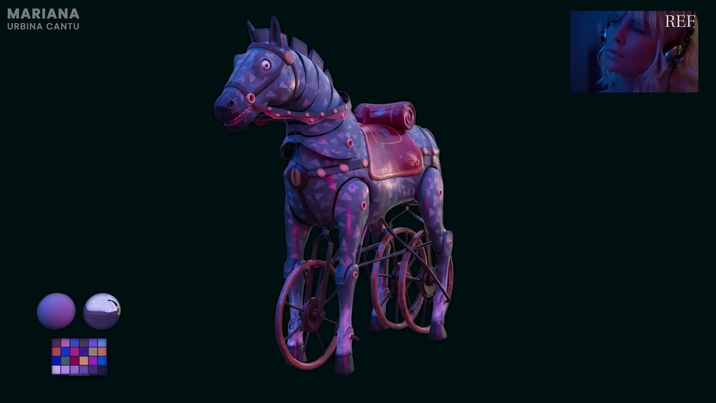 Split complementary lighting design inspired by Atomic Blonde applied to a 3D tin horse model, created as a personal project during the Technicolor trainee program, featuring bold contrasting colors that highlight the metallic surfaces and stylized aesthetic