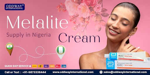 Advertisement for Melalite (Hydroquinone Cream USP Melalite - Forte Cream) supply in Nigeria, facilitated by Oddway International. The company offers quick ship services, exporting the Abbott product directly. The ad highlights international shipping from India to Nigeria and provides contact details (Call or Text: +91-9873336444) and website information (www.oddwayinternational.com, enquiry@oddwayinternational.com). The product is commonly used for skin conditions.