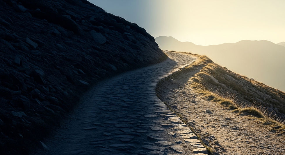 Trilha que sai de uma área de sombra para uma área de luz suave em montanha, sugerindo passagem entre uma forma antiga e uma nova direção ainda nascente.