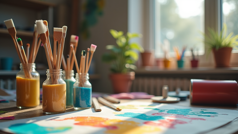 Eye-level view of a colorful art therapy studio with various art supplies