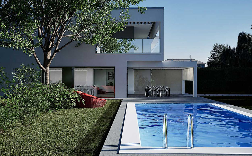 Piscina e area relax esterna della Villa VZ a Mira, design moderno ed elegante, progettata su misura da Studio Cacurio.